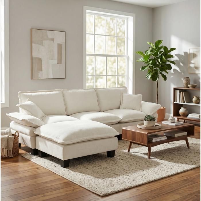 Canapé dangle modulable 4 places avec ottomane mobile - TCQPZ - 2 coussins inclus chenille beige