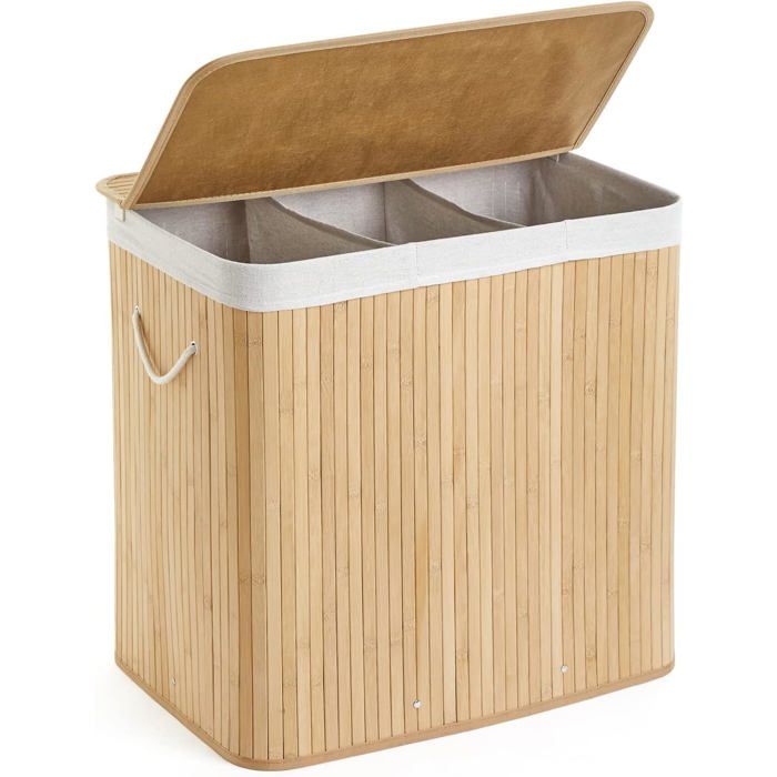 Panier à linge en bambou 150 L - pliable 3 compartiments de tri - sac amovible lavable - 60 x 40 x 615 cm