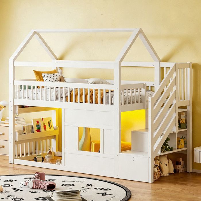 Lit mezzanine lit simple 90x200 cm lit cabane en bois lit denfant avec escalier rangement et éclairage LED blanc