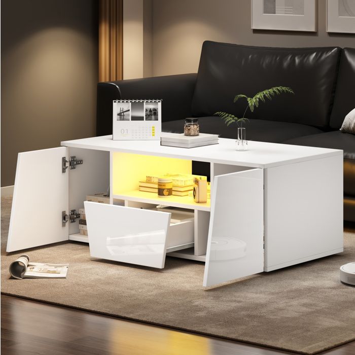 Table Basse Blanche Brillante Table De Salon LED FloraGrace Pour Salon Et Sejour Avec 2 Portes 1 Tiroir Et Niche 100x50x40cm