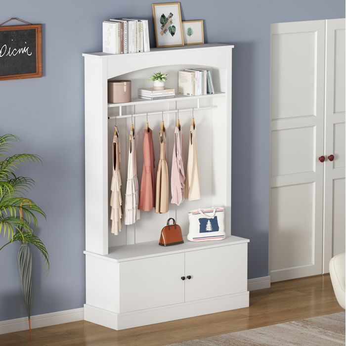 Vestiaire D Entree Blanc Meuble 5 En 1 FloraGrace Pour Entree Et Couloir Avec Banc Integre 120x40x190cm