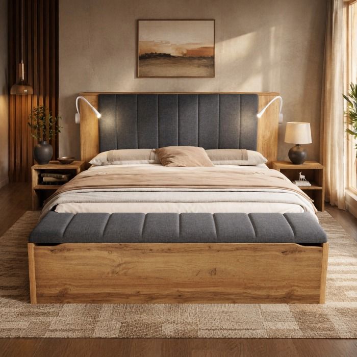 VEVXYN lit adulte double rangement 180 x 200 cm bois et métal aspect chêne avec chevets banc coffre lampes USB