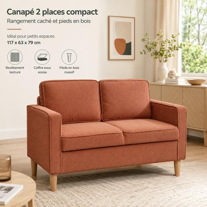 Canapé 2 places - SOGEU - Canapé Compact - Velours côtelé orange - Rangement 95×46×15 cm - Pieds bois massif