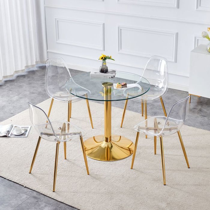 Table et Chaises de Salle à Manger diamètre 85 cm 4 Chaises table ronde verre trempé plastique transparent base métal doré