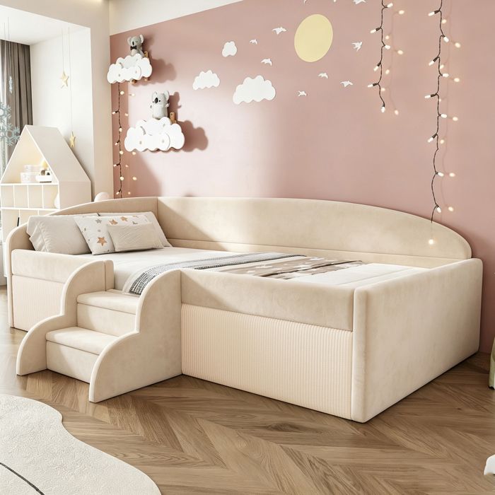 Lit enfant rembourré 90x190 cm - Lit multifonction - Tissu velours doux - Avec marches intégrées