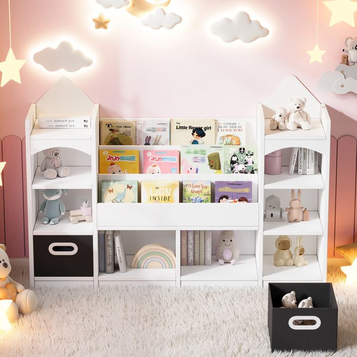 Bibliothèque enfant - meuble de rangement château - MDF blanc - 130 x 30 x 90 cm - 2 boîtes pliables