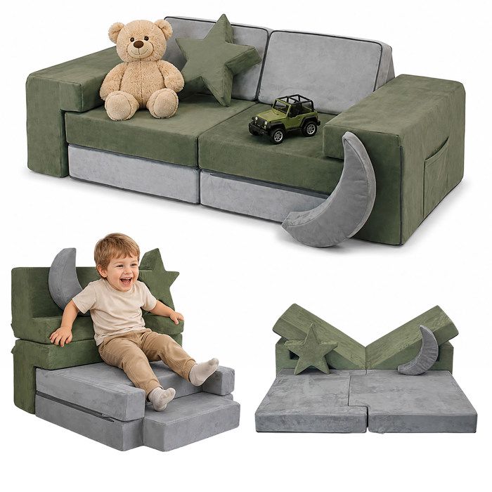 Relaxdays Canapé de jeu modulaire 10 blocs moelleux en velours microfibre gris-vert H x L x P = 45 x 140 x 65 cm