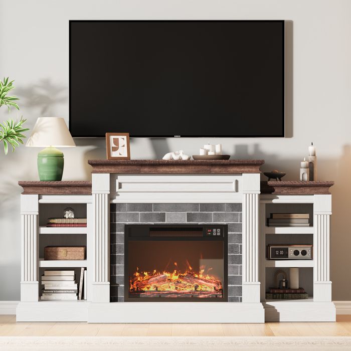 Meuble TV avec cheminée électrique 23 verre 3 faces flammes 3D – Buffet multimédia avec rangements pour TV jusquà 80 - Blanc