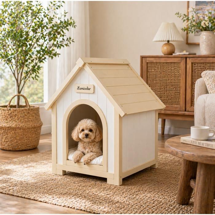 Niche pour chien intérieur en bois certifié FSC maison pour petit chien blanc crème coussin amovible JOINERY