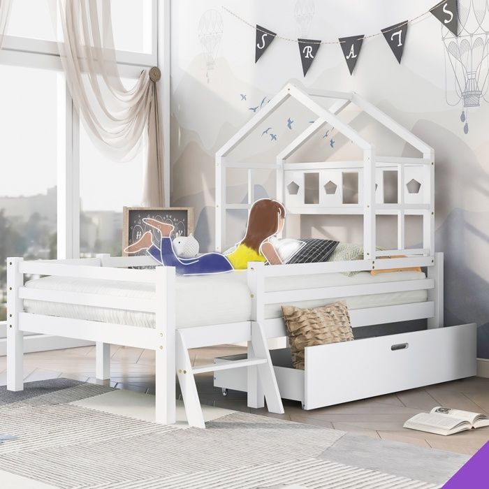 Lit mezzanine enfant 90x200 en bois massif blanc avec échelle tiroir et protection anti-chute
