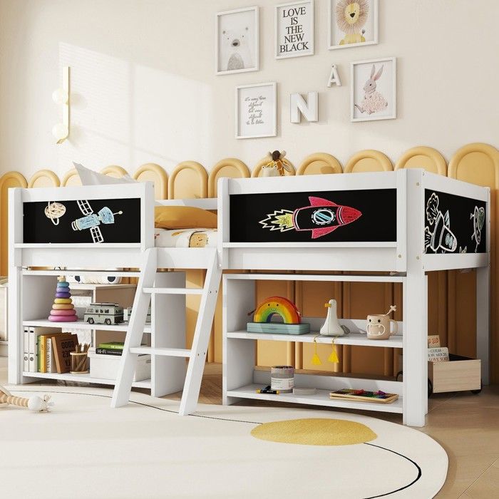 Lit mezzanine en pin blanc - BLACKCOLOR - 90x200 cm - Échelle stable - Barrières de sécurité - Compartiments de rangement