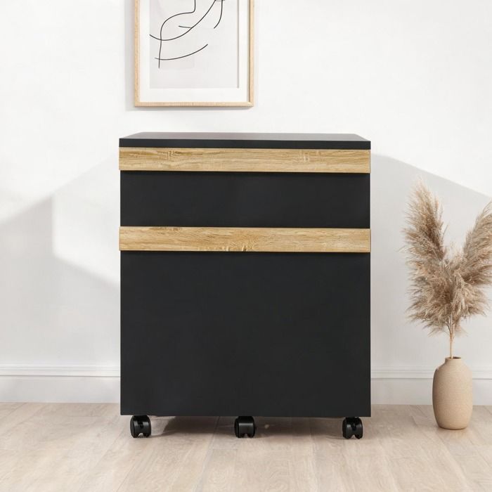 Meuble sous bureau noir 2 tiroirs coulissants pour dossiers suspendus et accessoires panneau de particules 5 roulettes