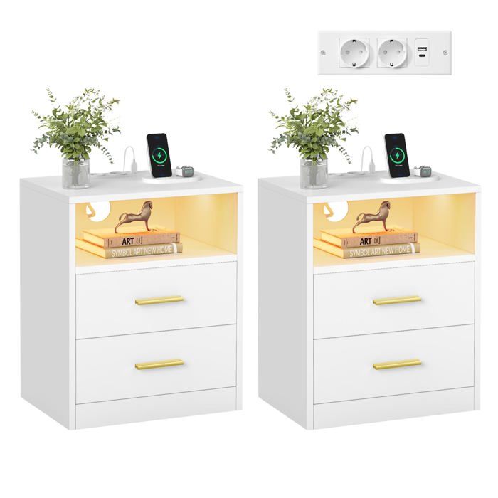 Table de Chevet Lot de 2 avec Multiprise LED Tiroirs Pts USB Blanc Nuage Lot de 2 Lot de 2 CHEVET