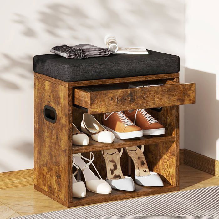 Banc à chaussures avec coussin et tiroir - MDF marron rustique 3 hauteurs réglables 39 x 28 x 47 cm idéal entrée