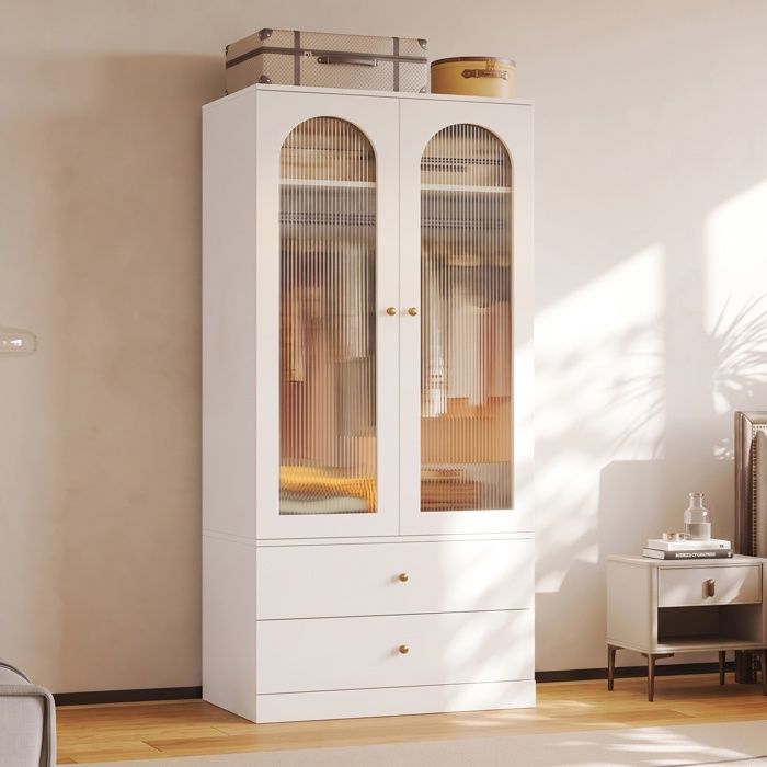Armoire de Chambre - 90x50x200 cm - Armoire Penderie Moderne avec 2 Portes en Verre Canelé et 2 Tiroirs - Blanc