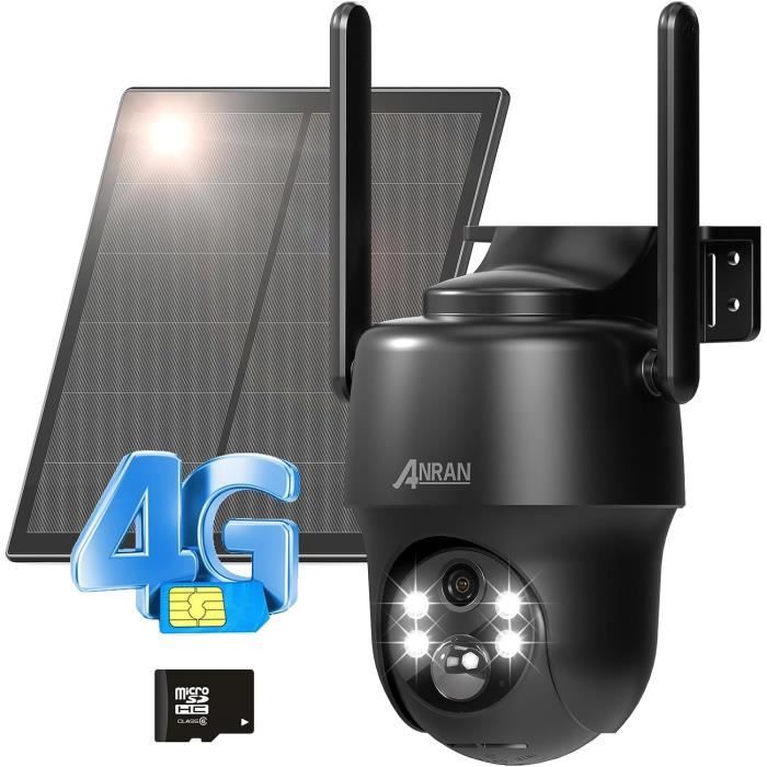 ANRAN 3G/4G LTE Caméra Extérieure+Panneau Solaire, 2K Camera Batterie+Carte SIM+32Go Carte SD, 360° PTZ G1 Noir