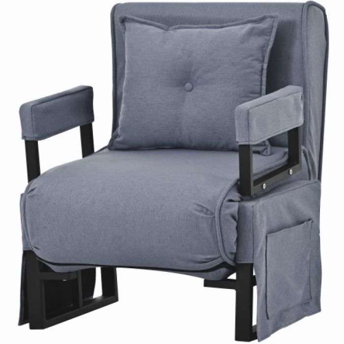 fauteuil chauffeuse canapé-lit convertible 3 en 1 déhoussable grand confort coussin pieds accoudoirs métal suède gris