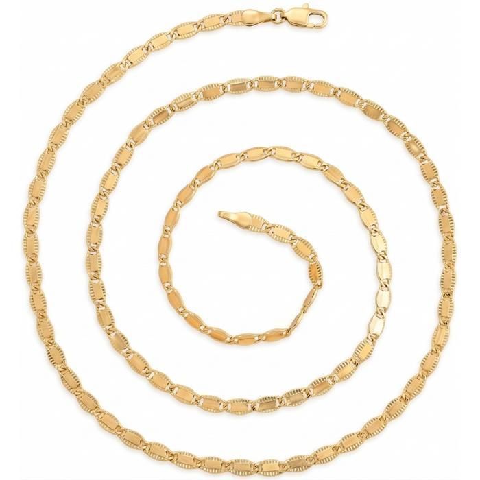 Chaîne de Cou - Maille Ovale - Plate - Diamantée - Plaqué Or Jaune - 60 cm - Largeur 4 mm - Femme/Homme