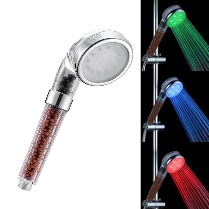 POMME DE DOUCHE 2 JETS ECLAIRAGE LED BLEU ROUGE VERT CHANGEMENT TEMPERATURE