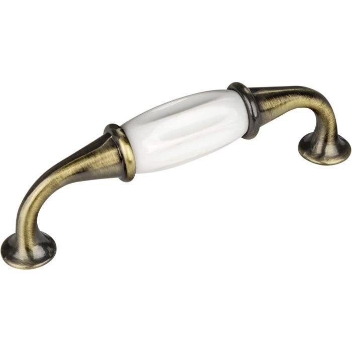 Poignée De Meuble Vintage – Zamak, Finition Laiton, Porcelaine, Entraxe 128 Mm, Fabriquée En France