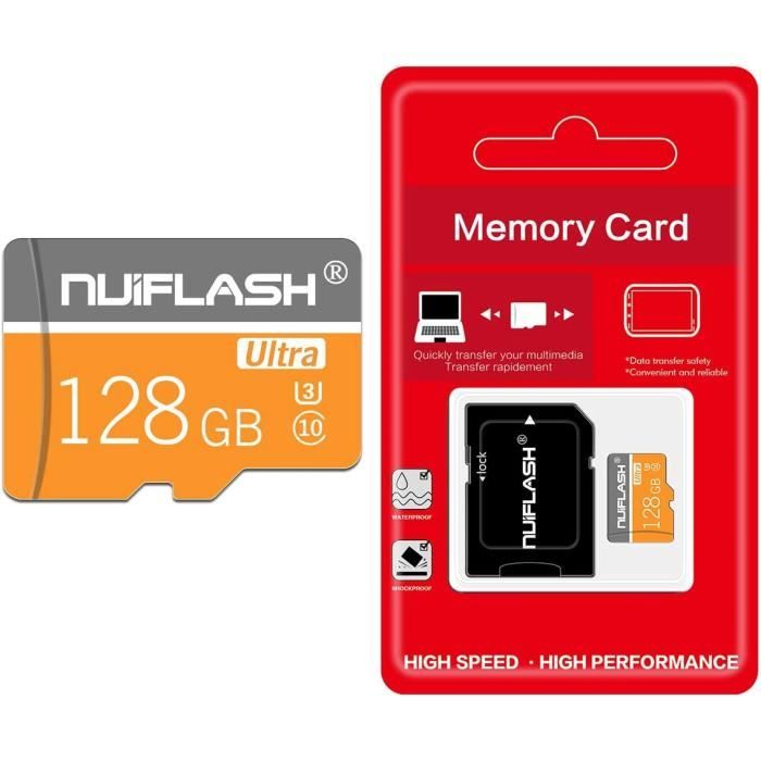 Carte mémoire micro SD 128 GB pour caméra chasse avec adaptateur