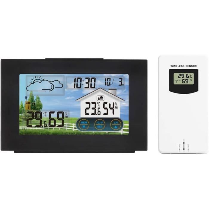 Station Météo Numérique En Bois - Thermomètre Hygromètre Intérieur/Extérieur - Horloge Radio-pilotée - Cadre Chêne