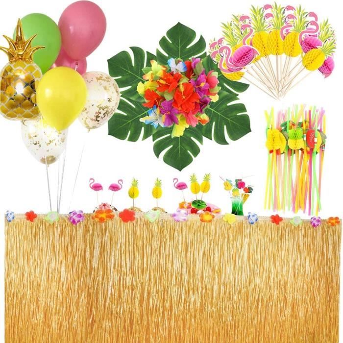 Jupe de Table en Herbe Artificielle avec Fleurs dadhésif Hibiscus pour Plage Mariage décorations de fêtes Tropicales Jardin Pique-Nique OOTSR Jupe de Table Hawaiian Luau Anniversaire 