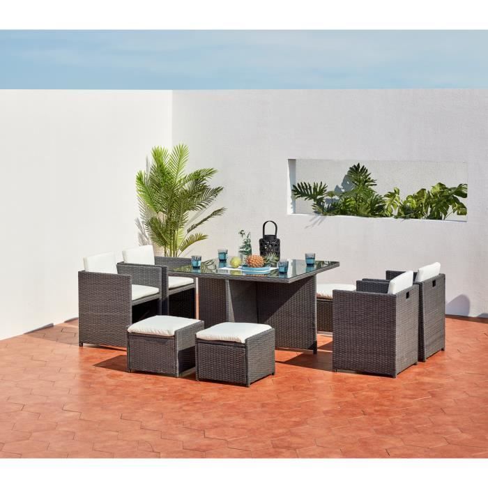 salon de jardin encastrable - 8 personnes - miami - concept usine - résine tressé poly rotin - contemporain - gris/blanc