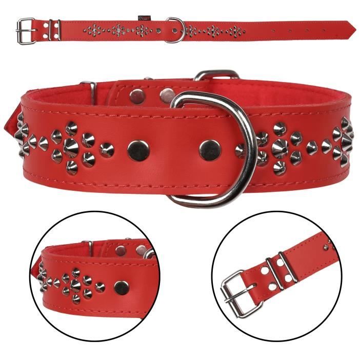 Meilleurs prix pour Collier clouté en cuir rouge pour chien - DINO - 40mm/57cm - Confortable et élégant
