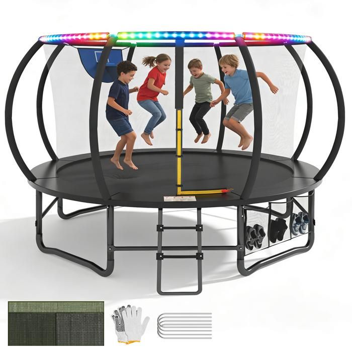Trampoline Exterieur LED - ø 427 cm - NHHF - Certifié GS - Filet de Sécurité Bâche de Protection Sac à chaussures Kit dancrage