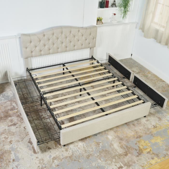 meubles cosy lit coffre avec tête de lit et tiroirs,sommier à lattes en bois,métal structure,pieds en