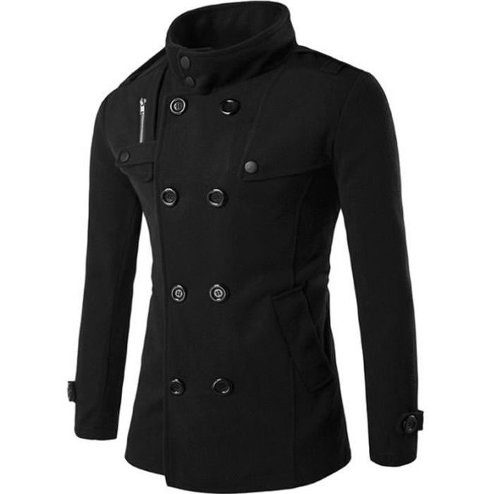 Manteau long hiver homme chaud noir en laine Col montant Caban long homme pas cher de qualite grande taille Veste blouson hiver Noir Noir Cdiscount Pret a Porter