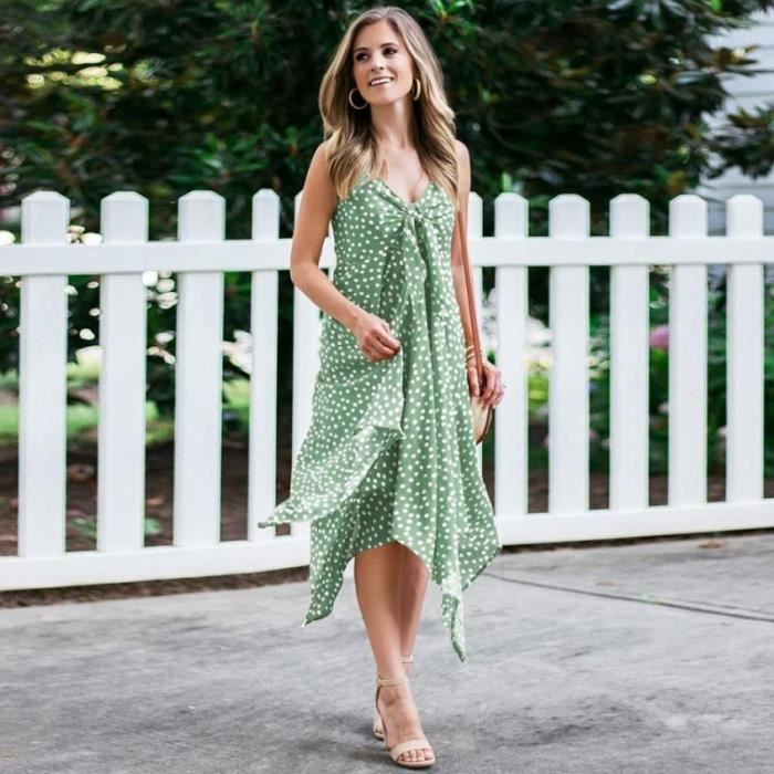 KJEHOME Robe Femme Personnalité Fluide Irrégulière Pois Sling - Vert