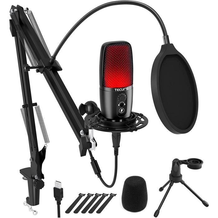 Microphone à Condensateur USB, TECURS Micro PC Kit avec Bras de Flèche &  Trépied, Streaming Micro avec Pop Filter Pour Gaming Enregi