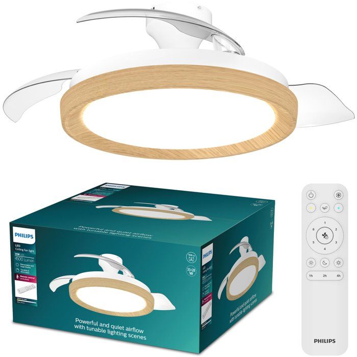Ventilateur de plafond Philips Bliss Pales rétractables Diamètre 106 cm Bois LED intégrée + télécommande