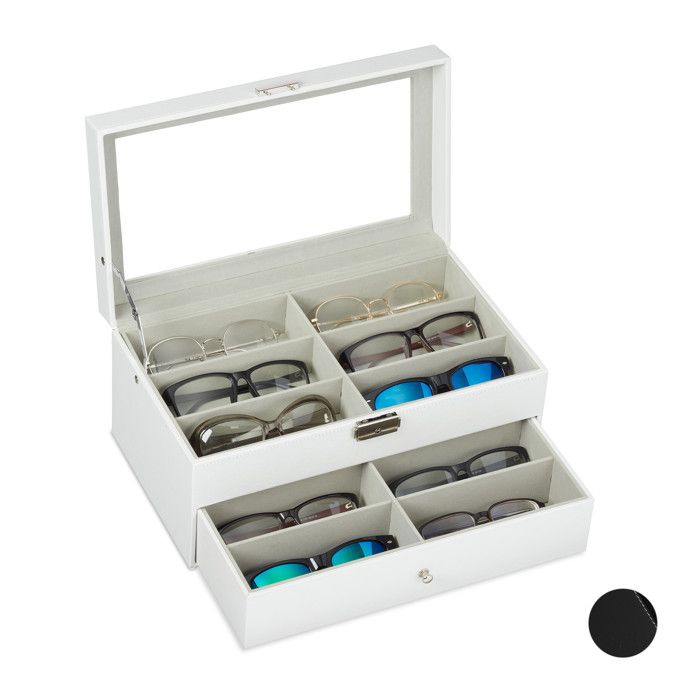 Relaxdays Boîte à lunettes pour 12 paires Rangement montures cuir artificiel 15 5 x 33 5 x 19 5 cm coffre blanc