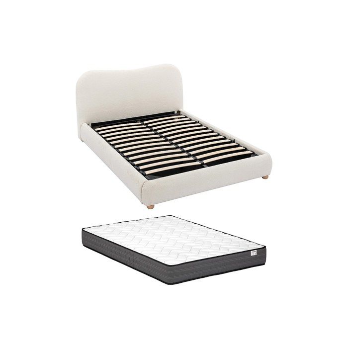 Lit coffre 120 x 190 cm - Tissu bouclette - Blanc + Matelas - VANARI