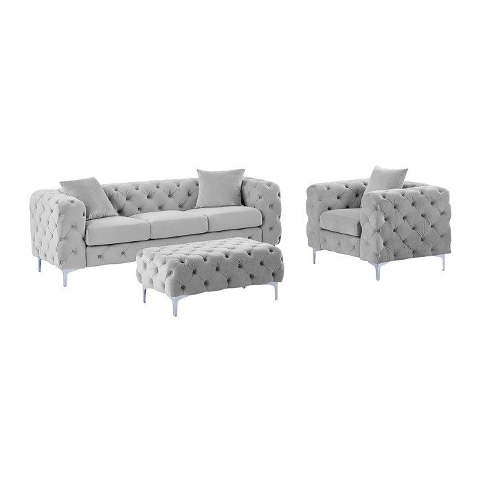 Canapé 3 places fauteuil et pouf chesterfield en velours gris clair EDWINA