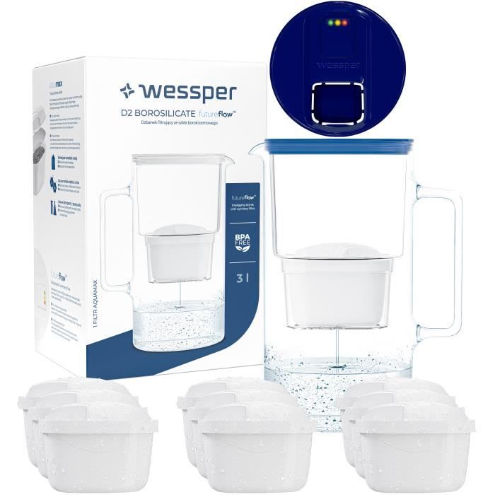 Carafe Filtrante En Verre Wessper 3L - Compatible Brita, Dafi - Avec 2 Cartouches Anti-calcaire