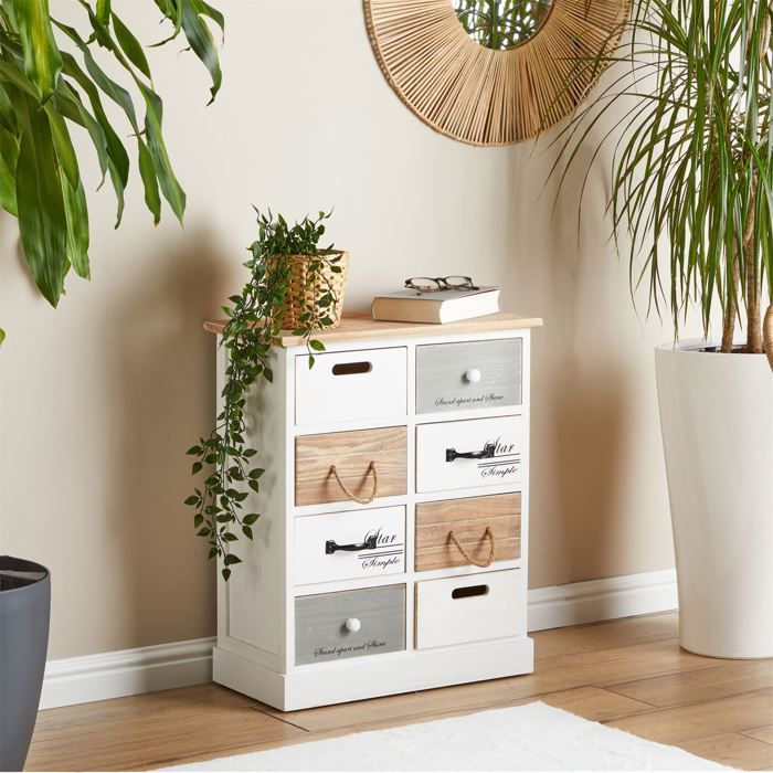 Commode Linoows 5 Tiroirs Style Shabby Blanc - Pin Et MDF - Pour Maison De Campagne