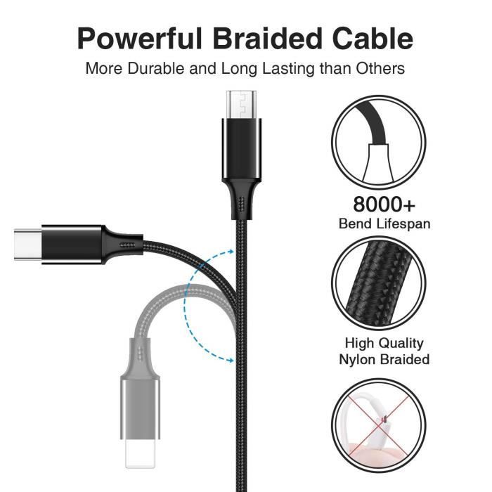 Câble USB Tressé Nylon 1M/2M/3M - Charge Rapide Compatible IPhone, Huawei, Xiaomi, Neuf