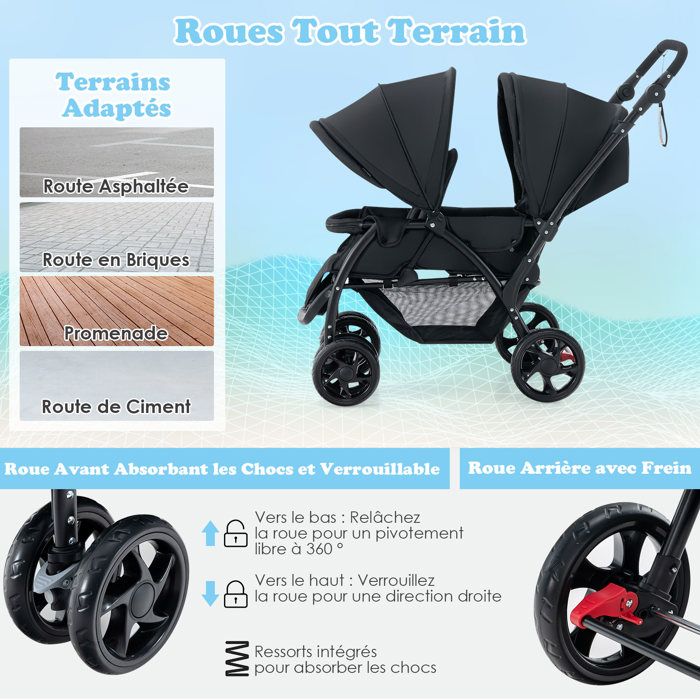 LIFEZEAL Poussette Double Pliable pour Jumeaux Poussette Canne 2 Places Réglable en 3 Positions avec Cosy 4 Roues Charge 30 KG - Puériculture & Eveil bébé
