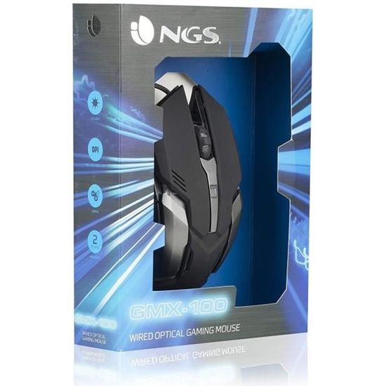 NGS Souris Optique GMX-100 - USB - 6 Boutons - Noir, gris - Câble - 2400 dpi - Roulettes avec frein - Symétrique