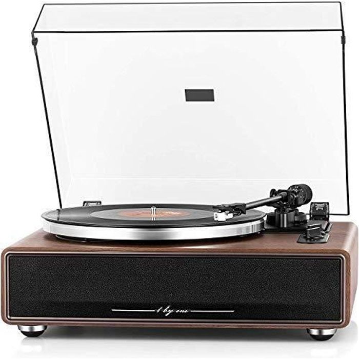 1 BY ONE Platine Vinyle avec Transmission par Courroie Haute Fidélité, Haut Parleurs Intégrés, Lecture sans Fil et Fonctionnalité