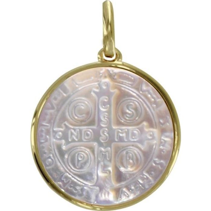 Les Poulettes Bijoux - Pendentif Plaqué Or et Nacre Médaille Ronde Croix de Saint Benoit
