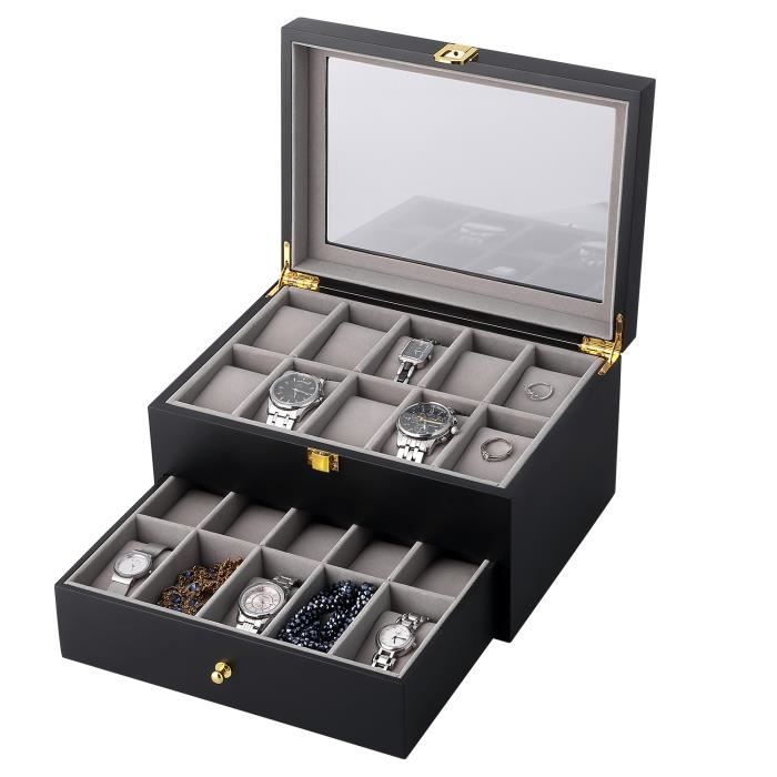Boîte à montres - Uten - Coffret en Bois avec Coussin Amovible pour 20 Montres Rangement Noir