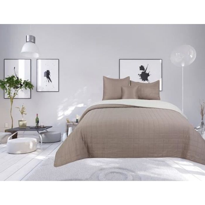 Couvre lit boutis matelassé 4 pièces bicolore -piquage Carreaux- Taupe - Naturel