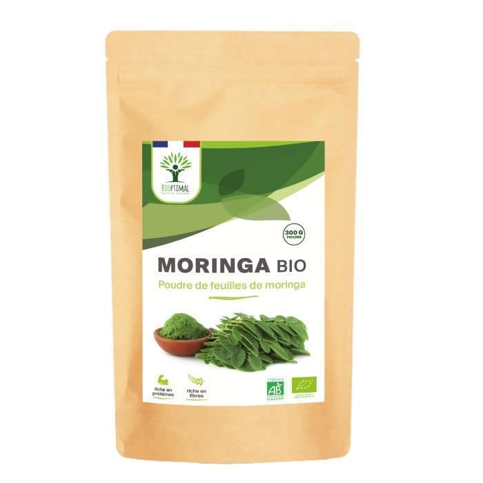 Moringa bio - Bioptimal - Vitamine C - Vitamine E - Vitamine A - Fatigue - Moringa poudre - Made in France - Certifié Ecocert - 300g