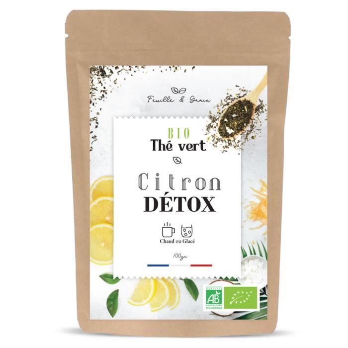 Citron Detox - Thé Vert Aromatisé Bio - Fruit mélangé - Feuilles en Vrac - Plante naturelle pour Infusion de qualité - Poids 100 g