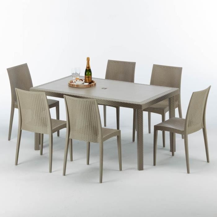 Table rectangulaire et 6 chaises Poly rotin resine ensemble bar cafè exterieur 150x90 Beige Marion, Chaises Modèle: Bistrot Beige Ju